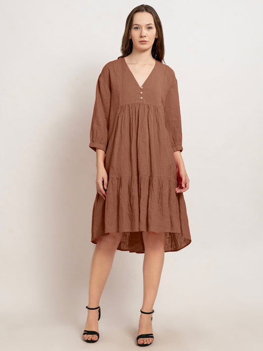 Laia Flare Cotton Linen Midi Dress with Quarter Sleeves